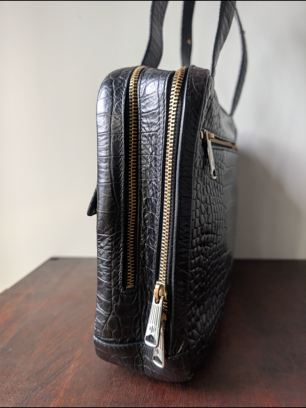 Lauren Ralph Lauren Black Embossed Croc Leather Double Zip Briefcase Tote Bag - Picture 7 of 8